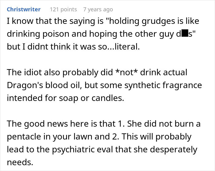 A comment about a crazy MIL and her potion, suggesting she drank synthetic fragrance instead of real dragons blood.