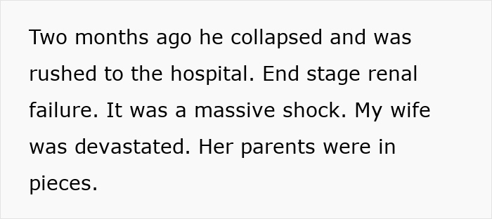 Text post describing the BIL's collapse due to end-stage renal failure, prompting a kidney donation. Text post describing the BIL's collapse due to end-stage renal failure, prompting a kidney donation.