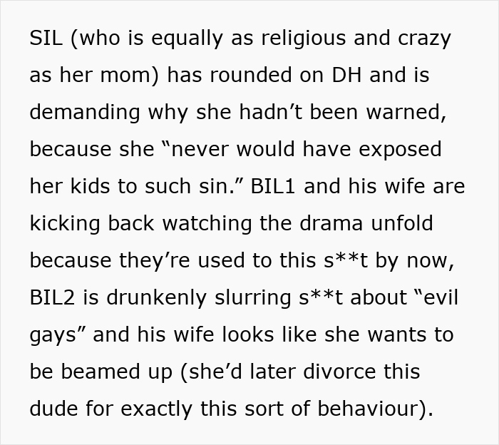 Text about the sister-in-law's outrage and other family members' reactions to the bride's gay brother at the wedding.