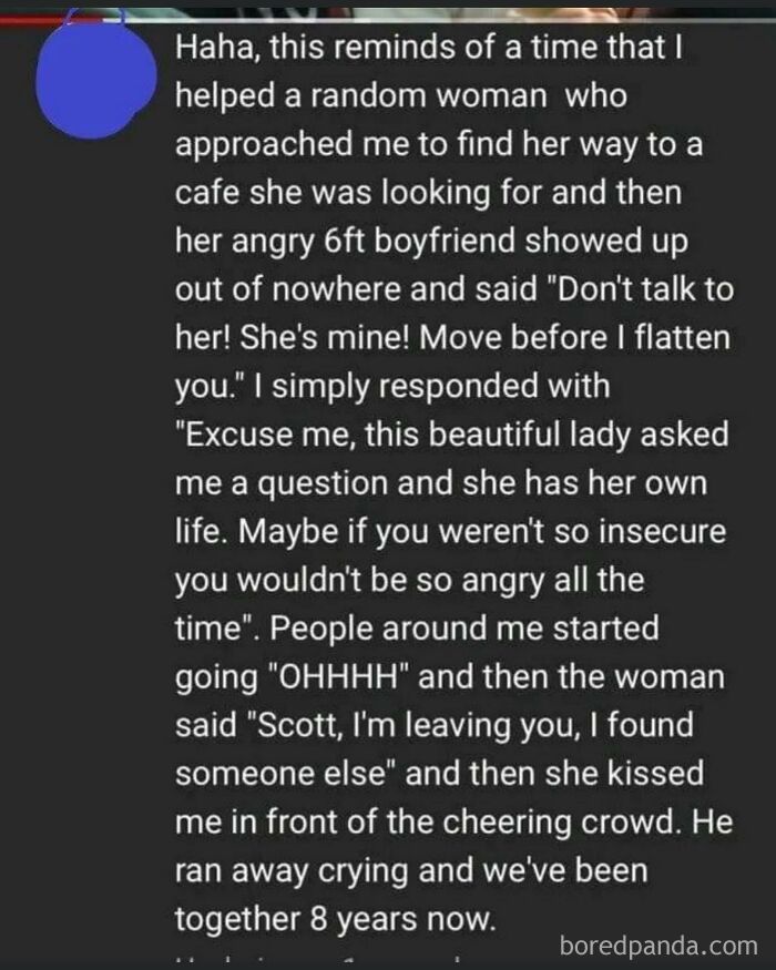A hilariously embarrassing screenshot of a user's heroic tale about saving a woman from her angry boyfriend.
