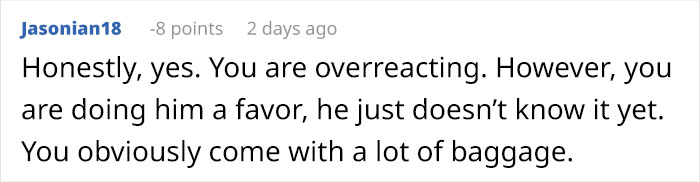A comment stating a girlfriend is overreacting about getting married.