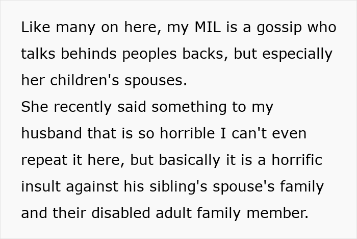 Text explaining a gossiping mom made horrible comments, insulting a family member with a disability.