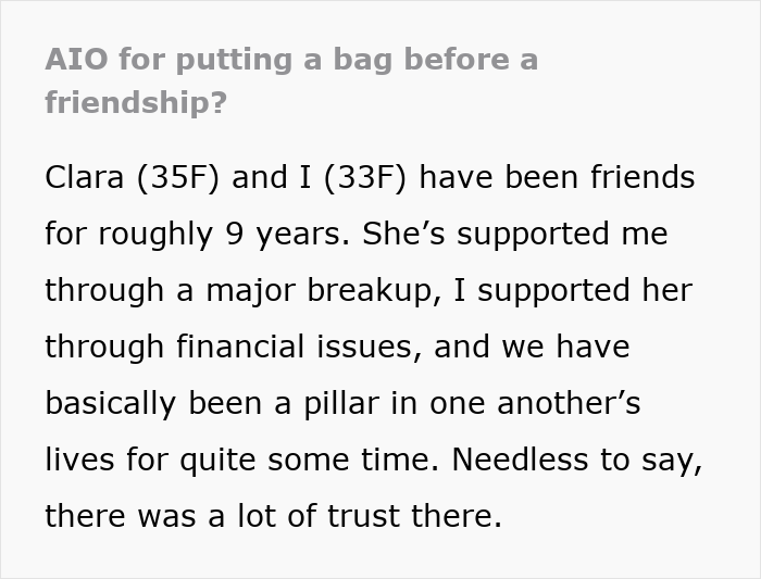 Screenshot of a Reddit post discussing a woman trusting her best friend with a sentimental designer bag. Screenshot of a Reddit post discussing a woman trusting her best friend with a sentimental designer bag.