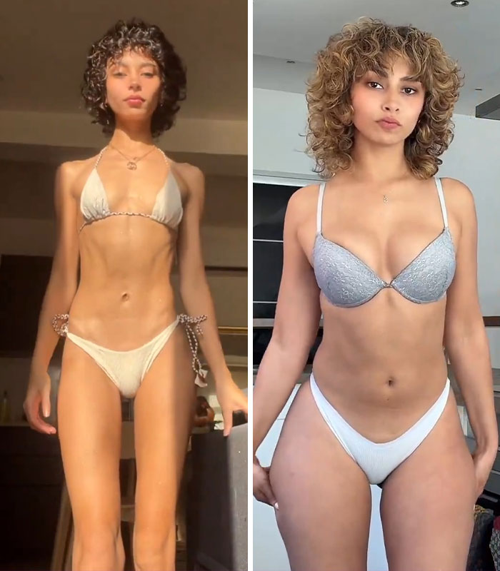 A woman showcases her weight gain transformation in a bikini, highlighting her body's changes.