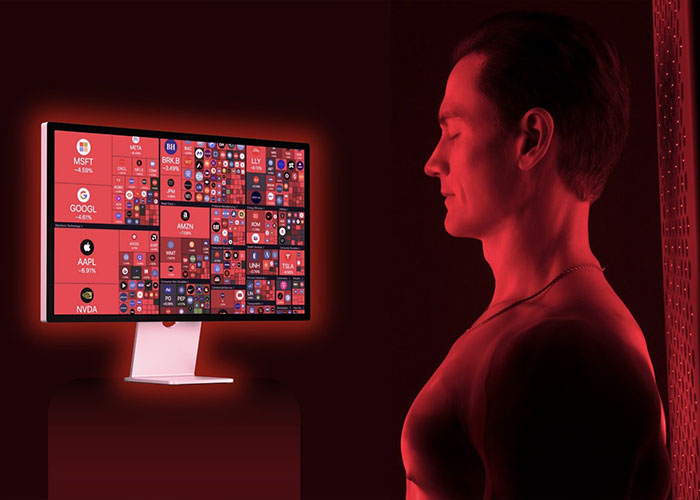 Multimillionaire biohacker Bryan Johnson undergoes a treatment, bathed in red light, with a monitor displaying stock data. Multimillionaire biohacker Bryan Johnson undergoes a treatment, bathed in red light, with a monitor displaying stock data.