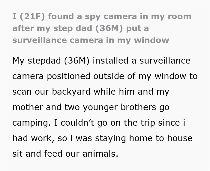 Screenshot of text describing a step-dad installing a spy camera in a room, raising concerns. Screenshot of text describing a step-dad installing a spy camera in a room, raising concerns.