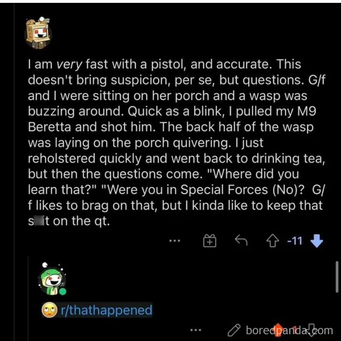 A screenshot shows a person's exaggerated story about shooting a wasp, being busted for lying in a ridiculous claim.