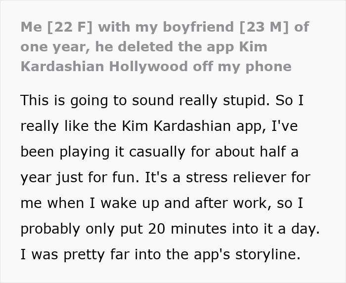 Text explaining a BF deleting a phone app, central to understanding why deleting the phone app hurt. Text explaining a BF deleting a phone app, central to understanding why deleting the phone app hurt.