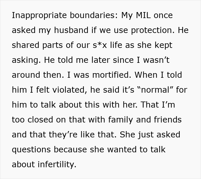 Screenshot of text detailing inappropriate boundaries with MIL, discussing marriage intimacy. Screenshot of text detailing inappropriate boundaries with MIL, discussing marriage intimacy.