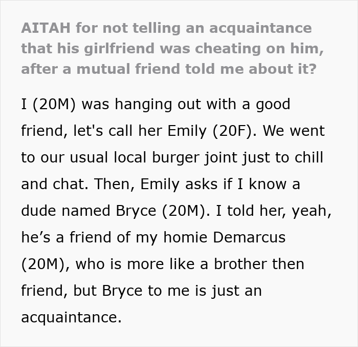 Screenshot of text discussing not exposing an acquaintance's cheating girlfriend and getting iced out by friends.