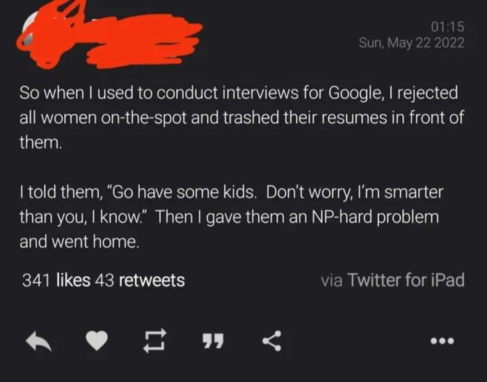A screenshot of a person lying about rejecting women in Google interviews, an embarrassing moment of being busted for lying.