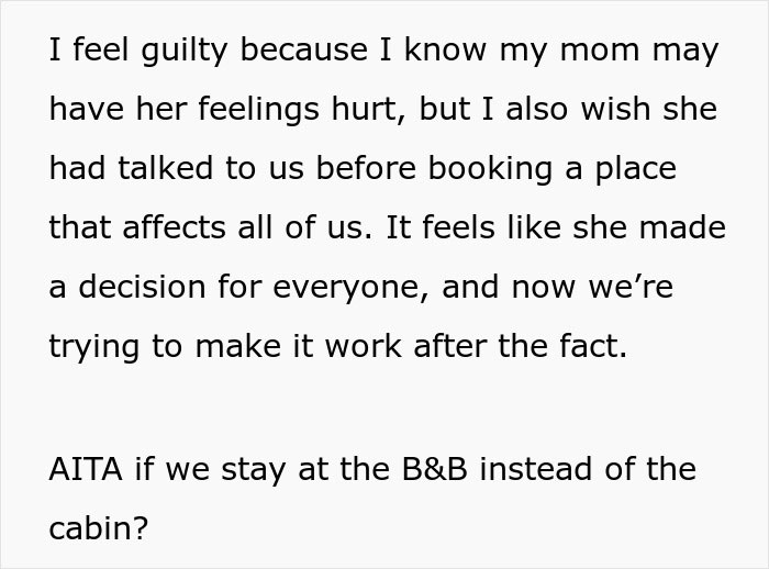 A white background with black text describing the family's feelings about the mom's travel plans.