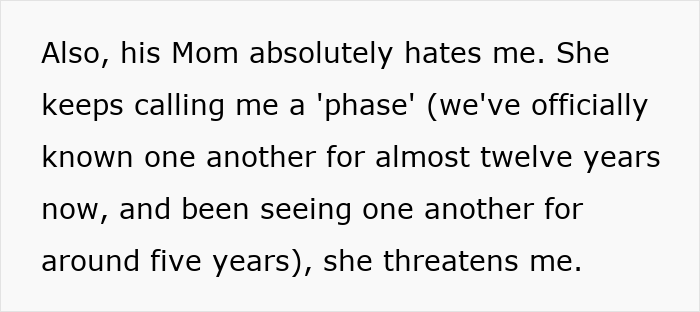 Text about a woman's future mother-in-law hating and threatening her, linking to food concerns. Text about a woman's future mother-in-law hating and threatening her, linking to food concerns.