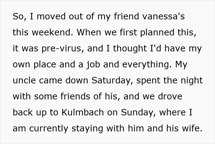 A woman recounts moving out and staying with her uncle, dealing with a future mother-in-law issue.