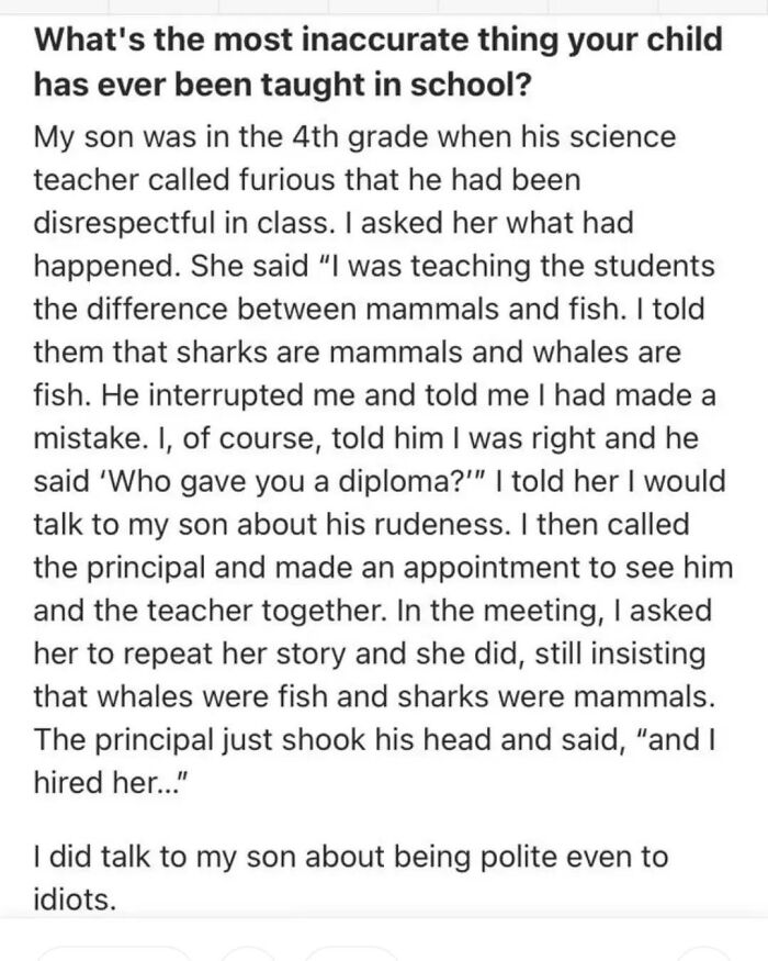 A screenshot of a teacher lying about science facts, getting busted for lying in an embarrassing screenshot.
