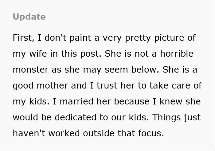 An update from a guy about his wife, who expects him to slog at home despite his cancer and her being postpartum.