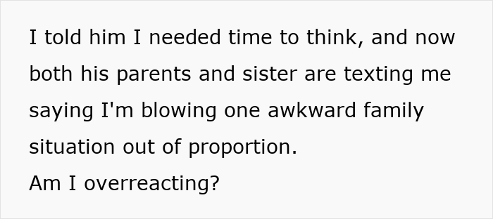 A woman rethinks her engagement after her future father-in-law reveals her son&rsquo;s backup plan. Text message.