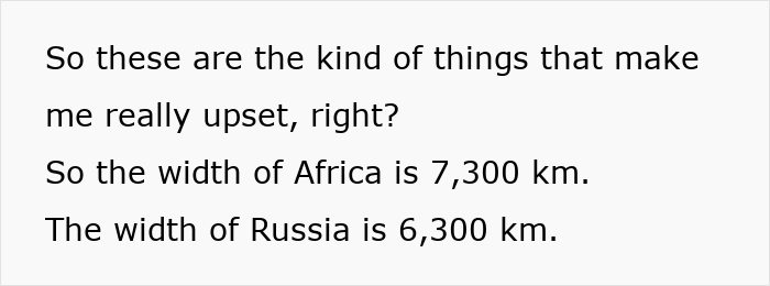 Text displaying the actual scale of the continents: Africa's width is 7,300 km, while Russia's width is 6,300 km.