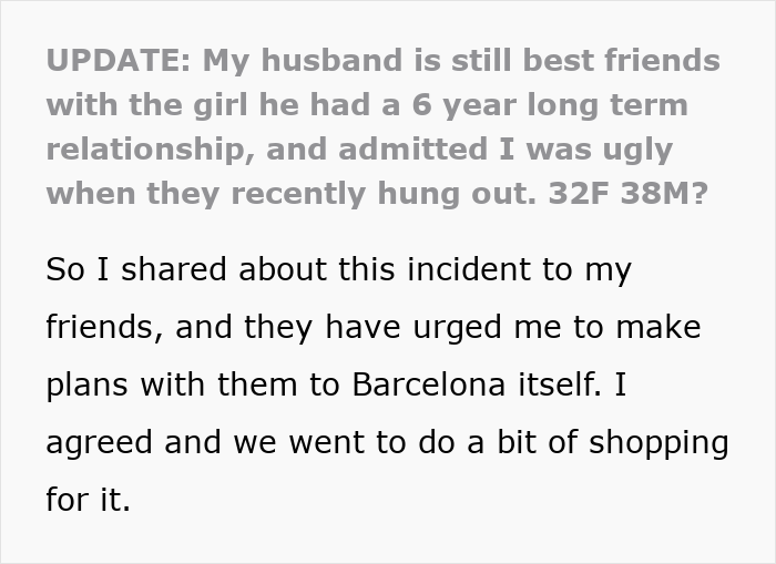 Screenshot of a text update about a woman's husband still being friends with his ex, and looking at old pics. Screenshot of a text update about a woman's husband still being friends with his ex, and looking at old pics.