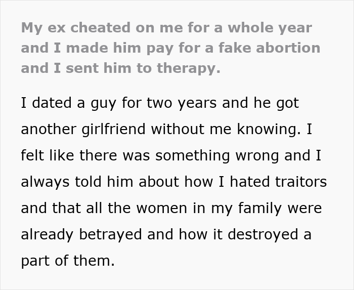 Screenshot of text detailing a girlfriend discovering her boyfriend secretly dated another woman, leading to a fake abortion. Screenshot of text detailing a girlfriend discovering her boyfriend secretly dated another woman, leading to a fake abortion.