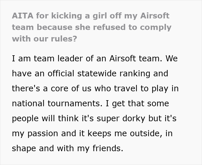 Screenshot of text about an Airsoft leader kicking a woman off the team for ignoring the dress code, seeking sponsors. Screenshot of text about an Airsoft leader kicking a woman off the team for ignoring the dress code, seeking sponsors.