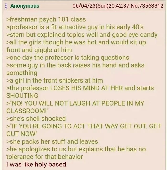 A hilariously embarrassing screenshot of an anonymous post about a professor yelling at a student, getting busted for lying.