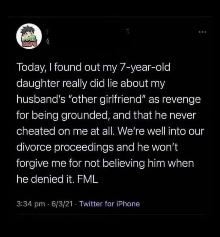 A hilariously embarrassing screenshot of a mother realizing her 7-year-old lied about her husband's girlfriend, busted for lying.