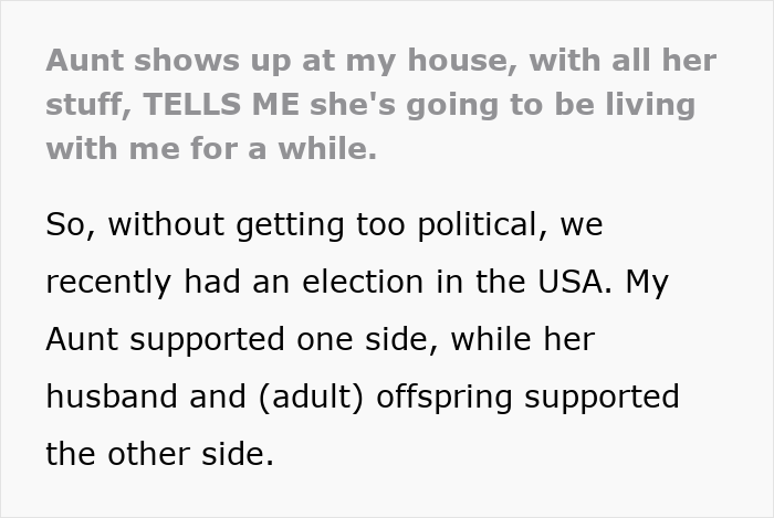 Screenshot of text about an Aunt demanding housing and showing up unannounced at 2 AM with all her belongings.
