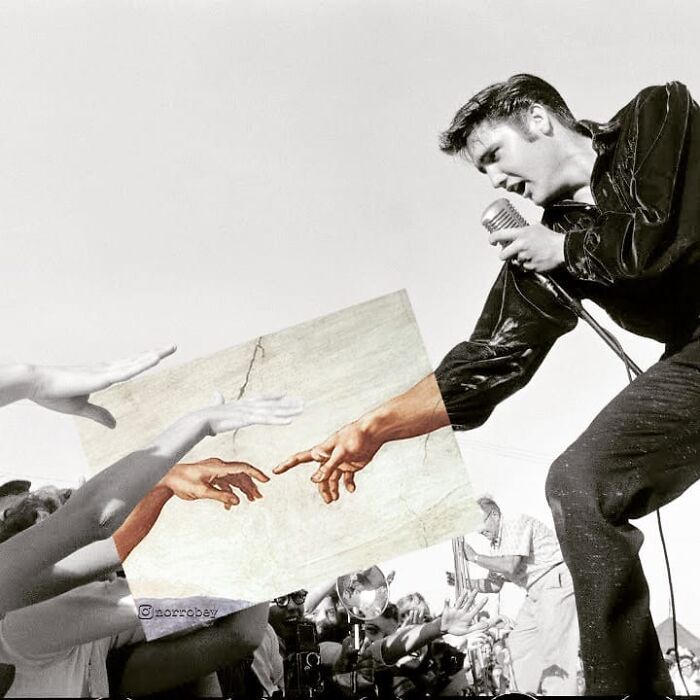 Digital artist blends famous movies with classical art featuring Elvis Presley and The Creation of Adam mashup.