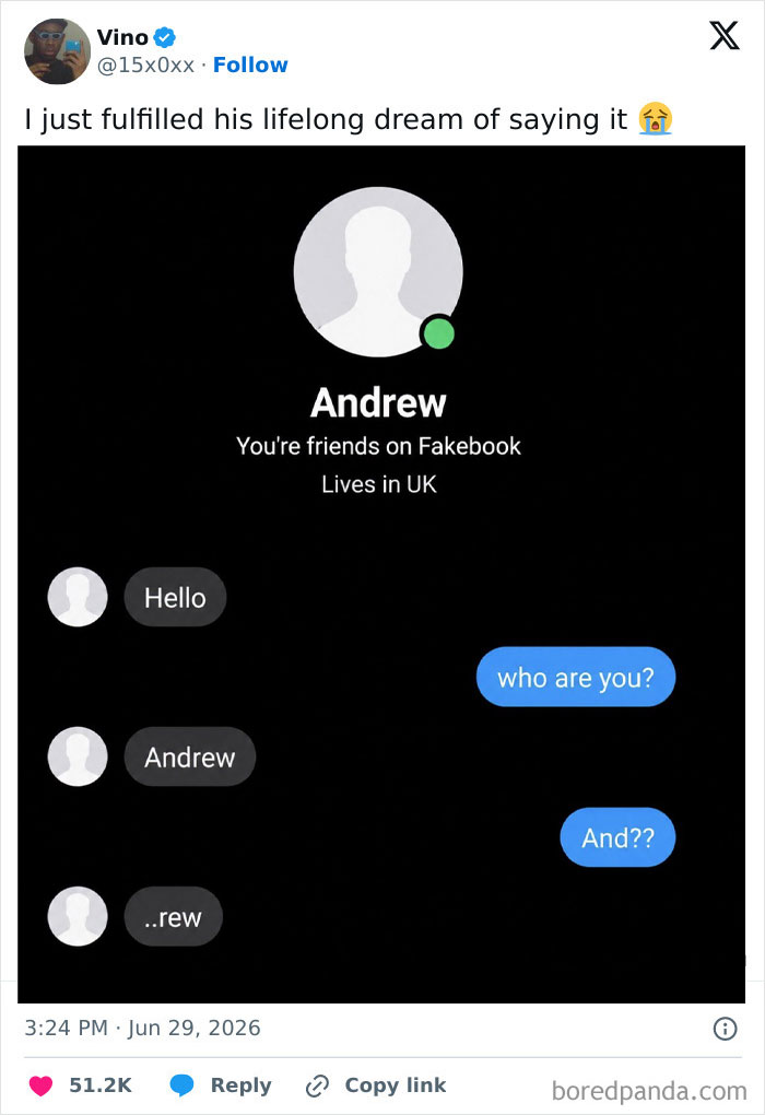 A funny tweet from June showing a text conversation saying Hello, Who are you?, Andrew, and ..rew