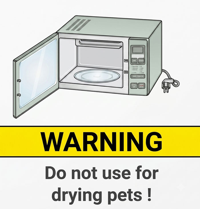 A microwave oven illustration with a prominent warning label: Do not use for drying pets!, a hilariously dumb warning.