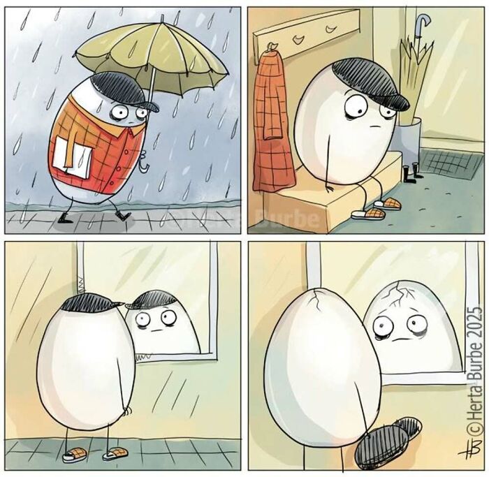 Herta Burbe illustration: an egg walks in the rain, takes off its cap, and sees a crack in the mirror.