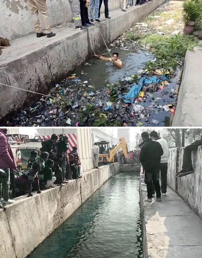 Before and after images of a polluted canal being cleaned by workers. Fascinating pics and quick facts for a brain boost.