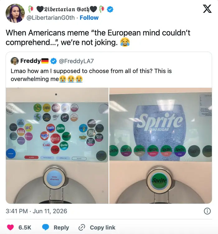 A World Cup tweet showing a soda machine with many choices, making football fans belly-laughing.