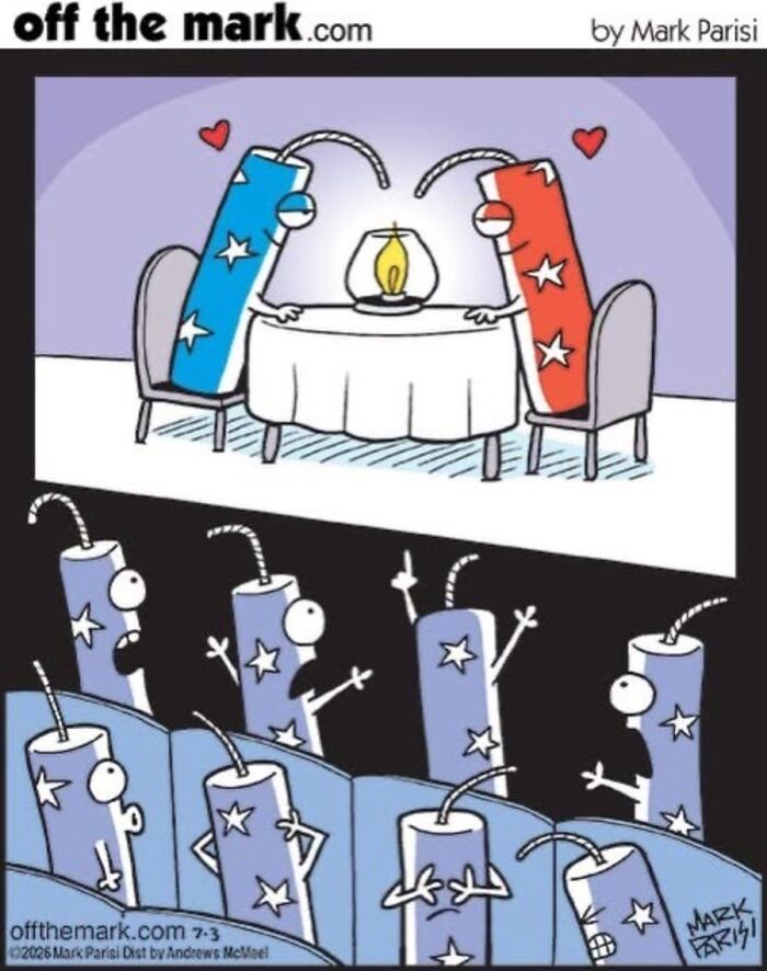 Funny one-panel comics by Mark Parisi show fireworks on a date, while other fireworks watch in the audience.