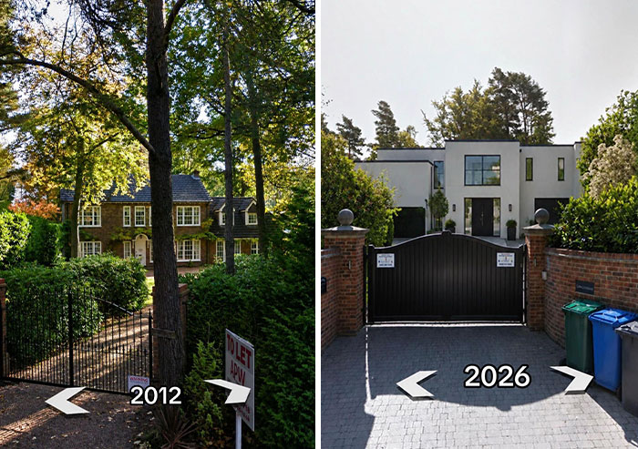 Then vs. now pic of a house in 2012 transformed into a large modern house in 2026, making the internet mad.