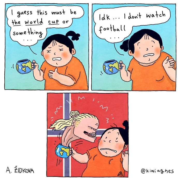 Funny comics showing a person confused about the World Cup, then startled by a football fan.