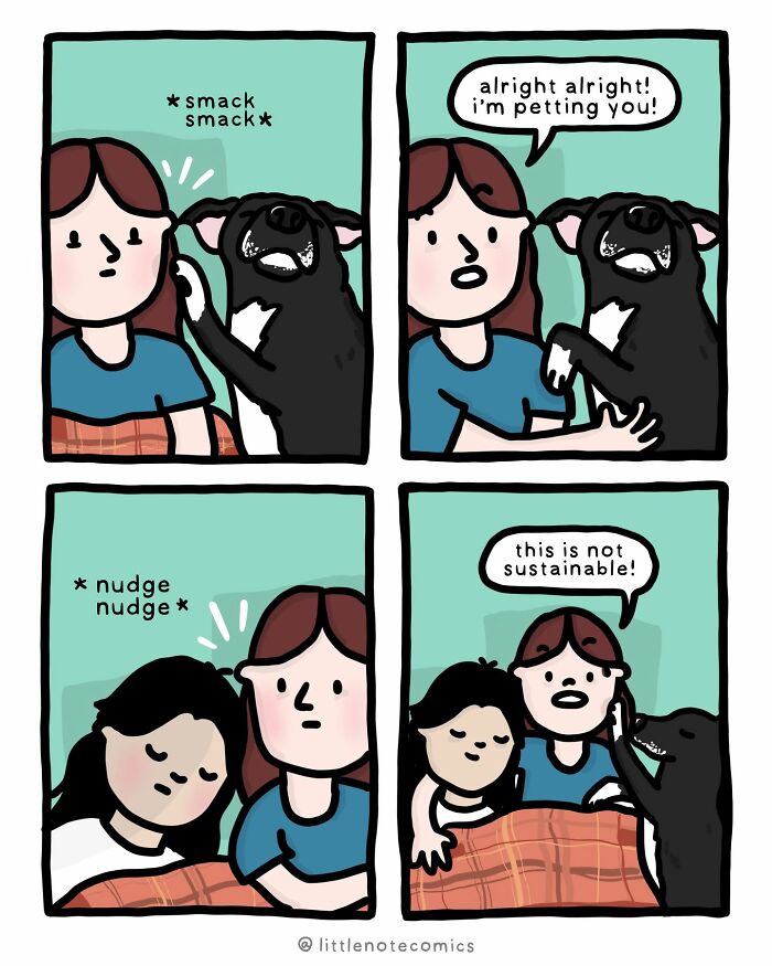 A dog wakes its owner by nudging and smacking, showcasing relatable relationship quirks in comics.