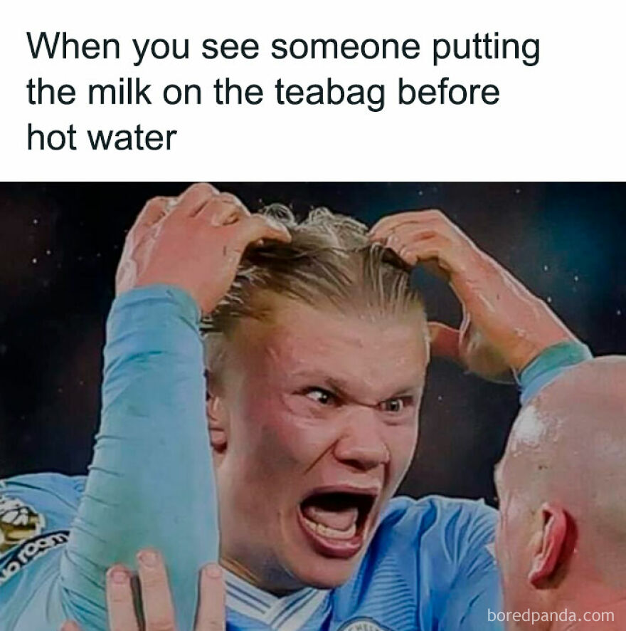 A World Cup meme showing a football player yelling and pulling his hair in frustration, humorously reacting to a teabag and milk faux pas.