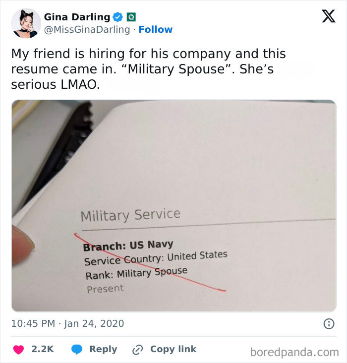 A tweet from Gina Darling about a job applicant's entitlement, listing Military Spouse as their military service.
