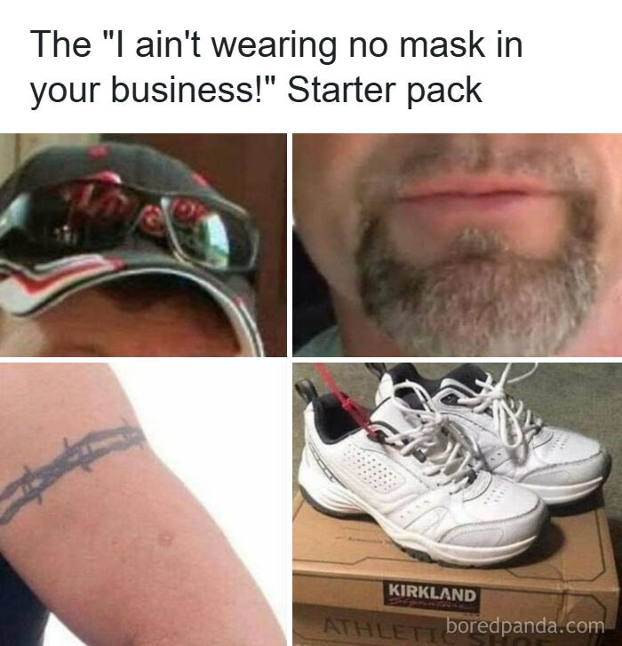A starter pack meme for someone refusing to wear a mask, showing items associated with entitlement and Karen reputation.