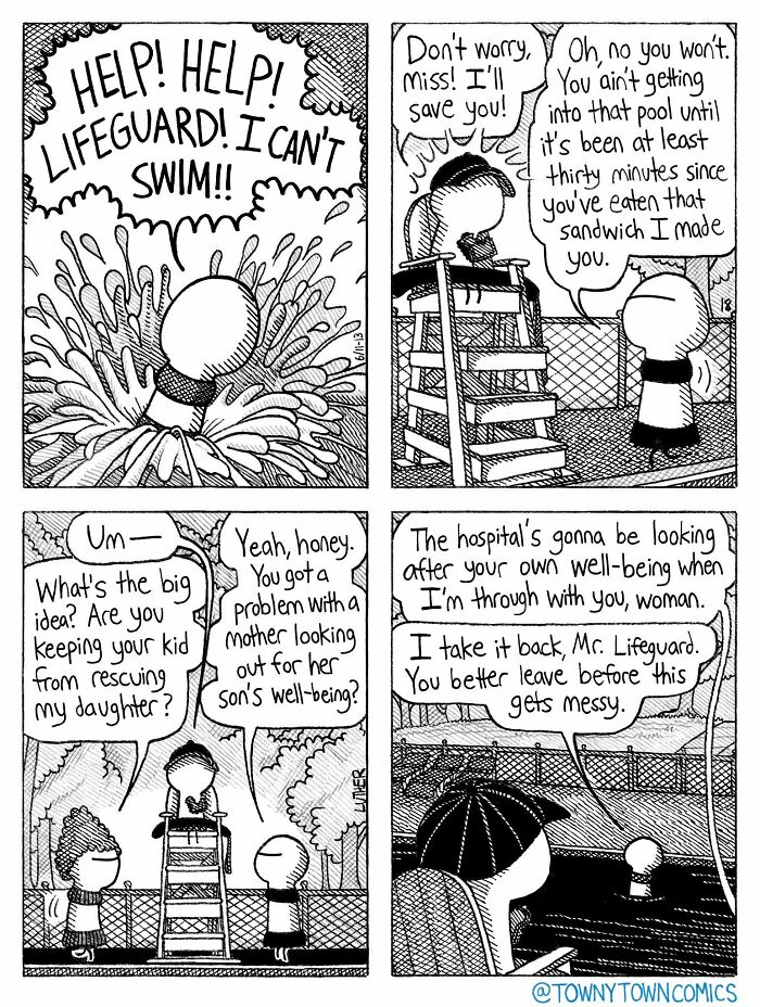 A comic showing a lifeguard refusing to save a drowning person due to eating too soon, a Towny Town Comics take on everyday life in the US Midwest.