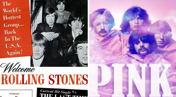 A split image featuring vintage Rolling Stones and Pink Floyd album covers, reflecting popular music taste.