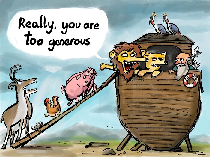 A single-panel comic of animals boarding Noahs Ark, capturing surprisingly clever everyday observations.