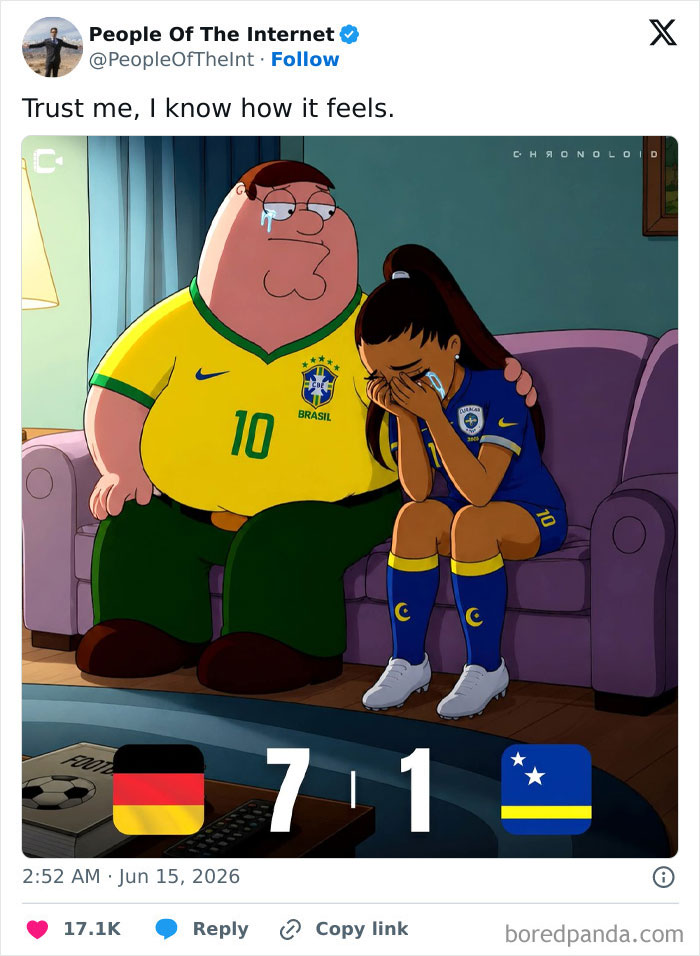 World Cup 2026 meme showing Peter Griffin comforting a crying female soccer player after a 7-1 loss.