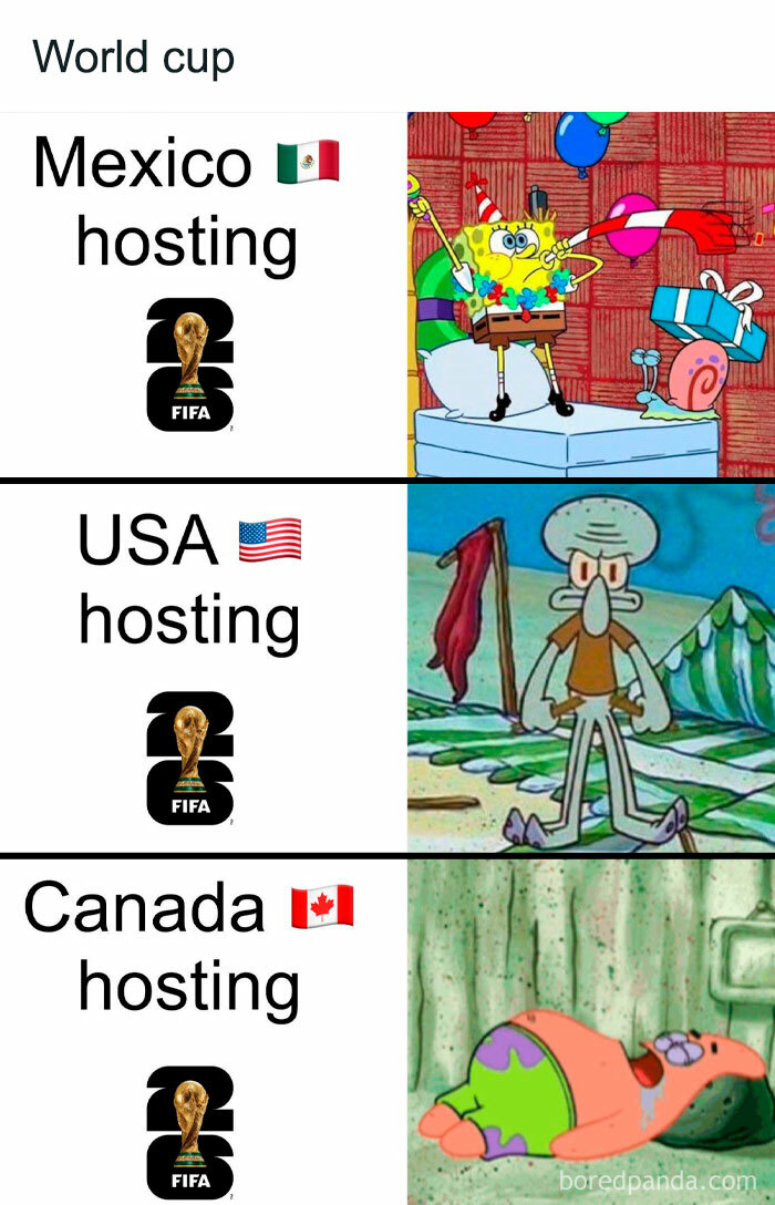 World Cup 2026 memes comparing host countries Mexico, USA, and Canada with Spongebob characters.