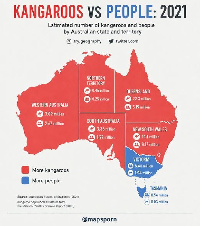 Brilliant map comparing kangaroo and human populations in Australia by state for 2021, a unique geography insight.