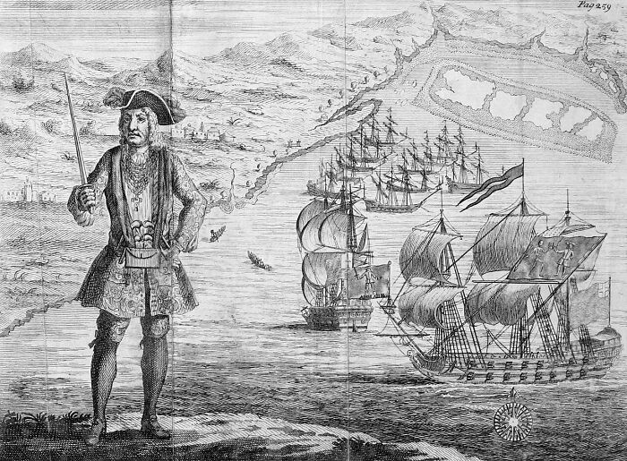 An old illustration showing a pirate with a sword overlooking ships, an example of fascinating history facts.