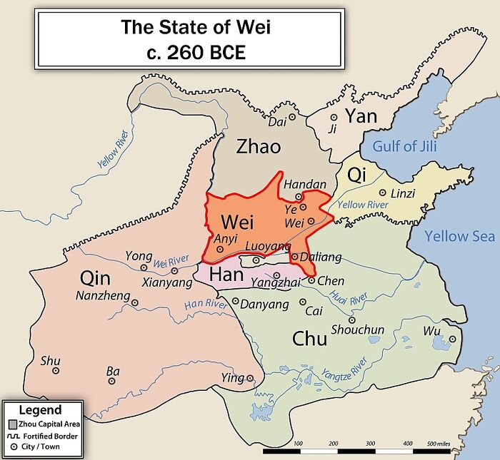 A map of the State of Wei c. 260 BCE, showing various states and cities, a historical fact.