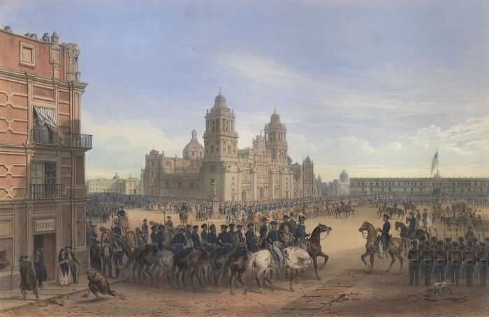 A grand historical painting of a parade in front of a large cathedral, capturing moments from history facts.
